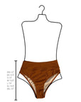 High-waisted brown ribbed bikini bottoms shown on a size guide mannequin with height measurements.