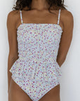 Amelia Top | Shirred White Floral Peplum Tankini Top