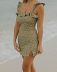 Floral Green Feminine Ruffled Sleeves Modest Bikini Top