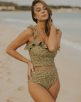 Sexy full coverage green floral high waisted bikini bottoms