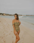 Off the shoulder green floral modest swimsuit