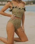Modest green floral high waisted swim bottoms