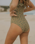 Green floral full coverage high waisted bikini bottoms