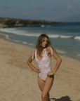 Pink and White Floral One Piece Swimsuit with V Neckline