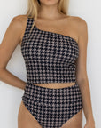 Bristol Tankini Top | One Shoulder Houndstooth Straight Neck Swim Top