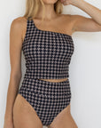 Bristol Tankini Top | One Shoulder Houndstooth Straight Neck Swim Top