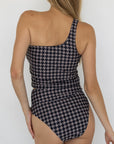 Bristol Tankini Top | One Shoulder Houndstooth Straight Neck Swim Top