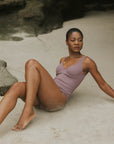 Cute Full Coverage Purple Swimsuit with V Neck
