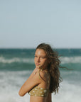 Olive green sun and moon print bikini top with tying straps