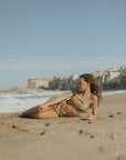 Olive green sun and moon printed seamless modest bikini set