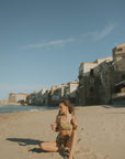 Sun and moon print olive green bikini top with tying straps