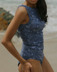 Cobalt Top | Blue High Neck Floral Full Coverage Tankini Top