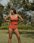 Coral Tankini with White Trim and High Waisted Boy Shorts