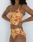 Flora High Waisted Bottoms | Orange Retro Floral Swim Bottoms