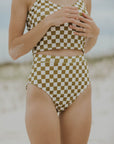 High waisted bottoms checkered pattern olive green trendy cute swimsuit