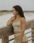 olive green and white checkered tankini top modest womens swimwear