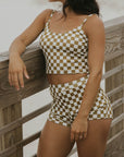 trendy checkered olive green and white swim shorts for women modest comfortable