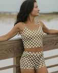 olive green and white checkered tankini top modest womens swimwear