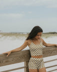 high waisted swim shorts modest vintage trendy checkered pattern bikini bottoms