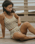 Cropped bikini top checkered pattern olive green trendy cute swimsuit