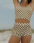 trendy checkered olive green and white swim shorts for women modest comfortable