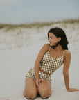 Cropped bikini top checkered pattern olive green trendy cute swimsuit