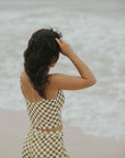 Cropped bikini top checkered pattern olive green trendy cute swimsuit