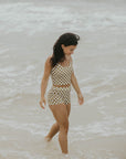 high waisted swim shorts modest vintage trendy checkered pattern bikini bottoms