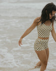 trendy checkered olive green and white swim shorts for women modest comfortable