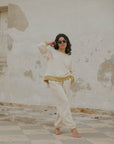 Matching neutral sweatsuit set for women.