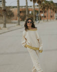 Jogger pant for women in neutral cream.