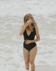 sexy swimwear black bikini plunge neck good coverage bikini top