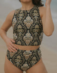 Cute black floral full coverage high waisted bikini bottoms