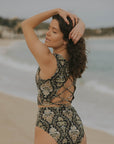 Black floral corset full coverage swim top