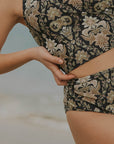Black floral high neck full coverage swimsuit matching set