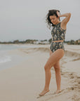 Cute black floral full coverage high waisted bikini set