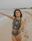 Black floral high neck full coverage bathing suit