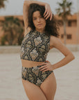 Black floral high neck full coverage bikini