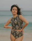 Cute black floral full coverage high waisted bikini set