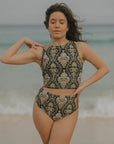 Mature looking black floral full coverage bikini set