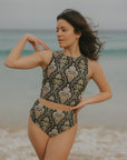 Black floral high neck full coverage swim top