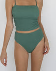 Oahu High Waisted Bottoms | Green Crinkle Textured Bikini Bottoms