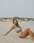 White and Blue Floral Modest Bikini Top with Removable Straps
