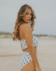 White and Navy Floral Strapless Bikini Top