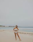 White and Navy Floral Strapless Bikini Top