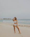 White Floral Stretchy Strapless Modest White Floral Bikini Set