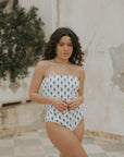 Strapless White and Navy Nautical Full Coverage Bikini Top