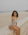 Strapless White and Navy Floral Full Coverage Bikini Top