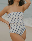 White and Navy Floral Strapless Modest Bikini Top
