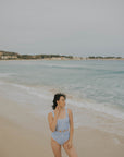 Sky Blue Full Coverage One Piece Swimsuit with Diamond Cut Outs